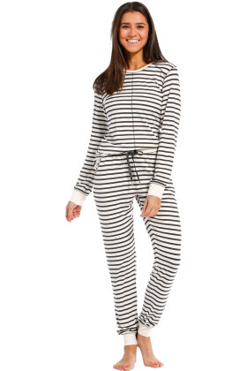 REBELLE - Stribet Casual Pyjamas - Off White Melange REBELLE - Stribet Casual Pyjamas - Off White Melange
