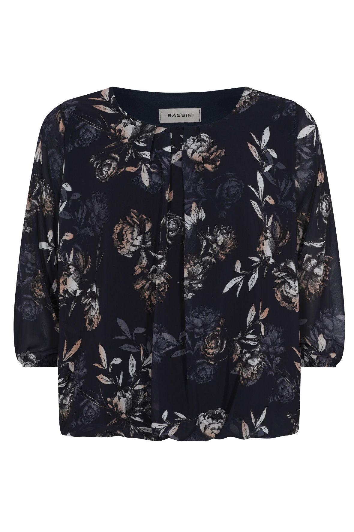 Bassini løs bluse med flora print i mørkeblå chiffon - Hos Lohse