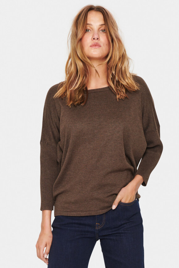 Saint Tropez - MilaSZ R-Neck Pullover Strikbluse - Casual Løs - Brun