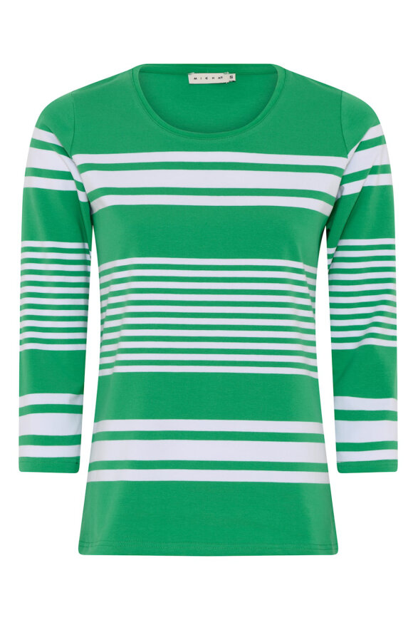 Micha - Blokstribet Bomulds T-shirt 3/4 Ærmer - Green & White