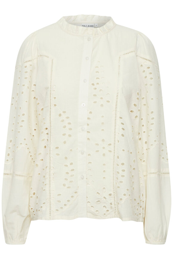 Pulz - PZMacia Blouse - Broderie Anglaise Skjorte - Off White