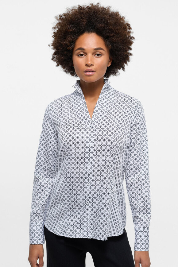 Eterna - Print Skjorte - Satinvævet Bomuld - Regular Fit - Navy & Hvid