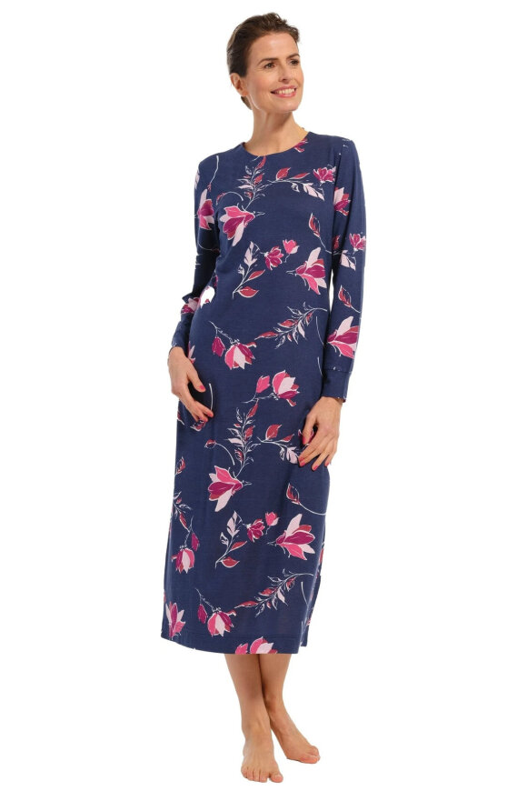 Pastunette - Lang Print Natkjole - Blomstret - Dark Blue