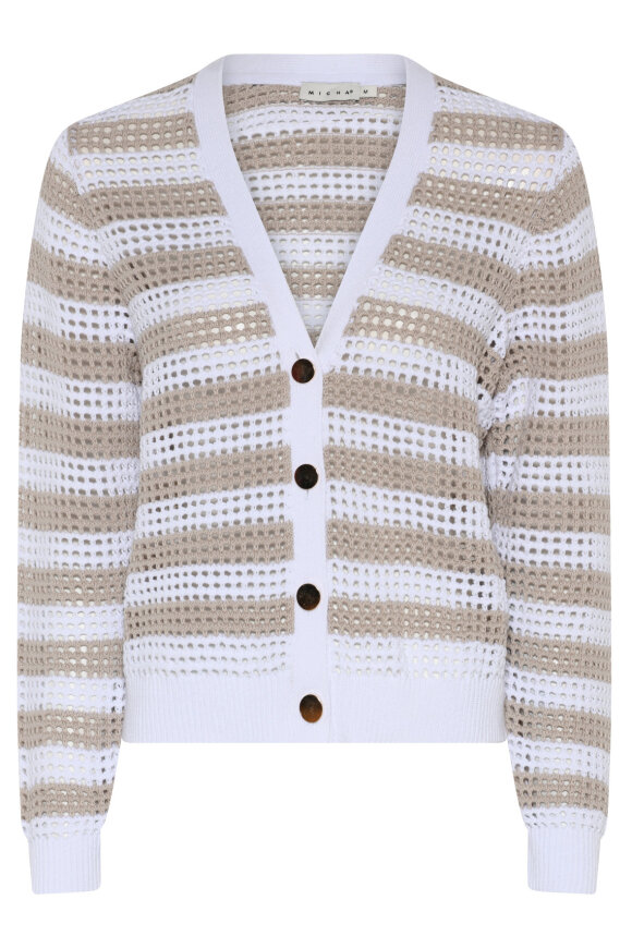 Micha - Strikket Stribet - V-hals Cardigan - Hvid & Sand