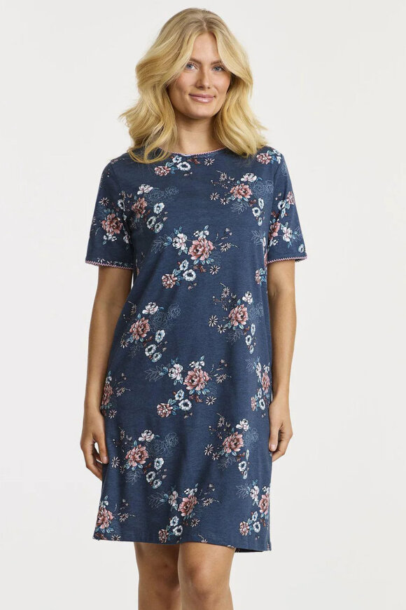 Damella - Blomstret Natkjole - Knælang m/Blomsterprint - Steel Blue