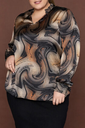 No.1 by OX - Elegant Bluse - Swirl Print - Sort & Brun No.1 by OX - Elegant Bluse - Swirl Print - Sort & Brun