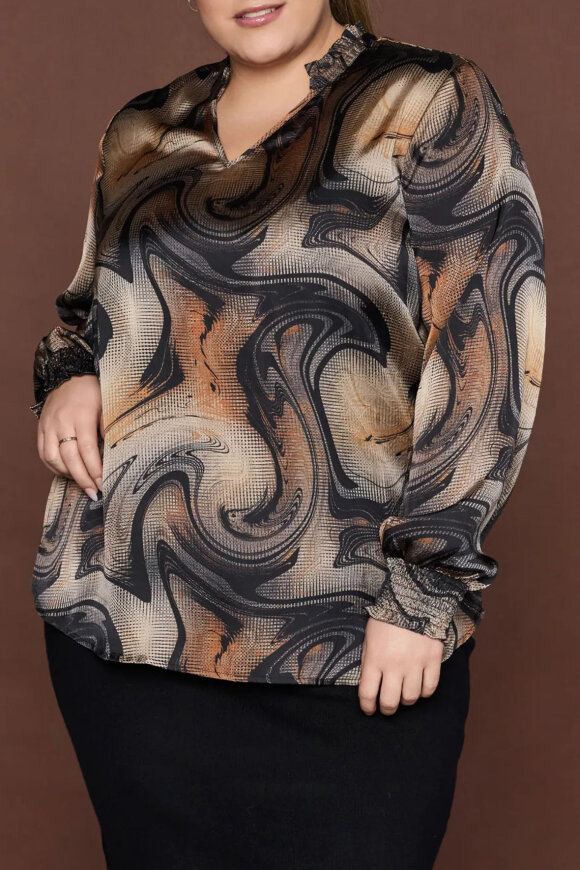 No.1 by OX - Elegant Bluse - Swirl Print - Sort & Brun