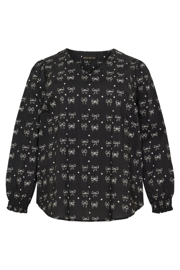 No.1 by OX - V-Hals Bluse - Sløjfeprint - Sort