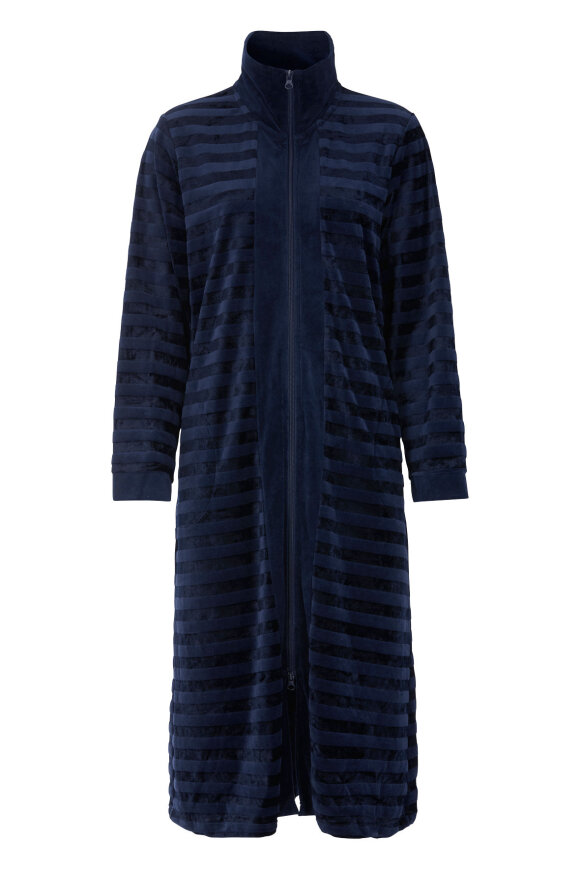 Damella - Stribet Velour Kåbe - m/ Lynlås - Navy