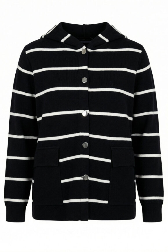 No.1 by OX - Stribet Cardigan m Hætte - Sort & Hvid No.1 by OX - Stribet Cardigan m Hætte - Sort & Hvid